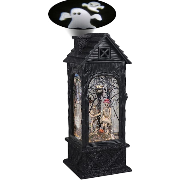 Halloween Skelet Sne Globus Lanterne Spøgelse Projektionslampe med 6 timers timer, batteridrevet og USB-drevet LED-spindende vand Glitte Globe Hal