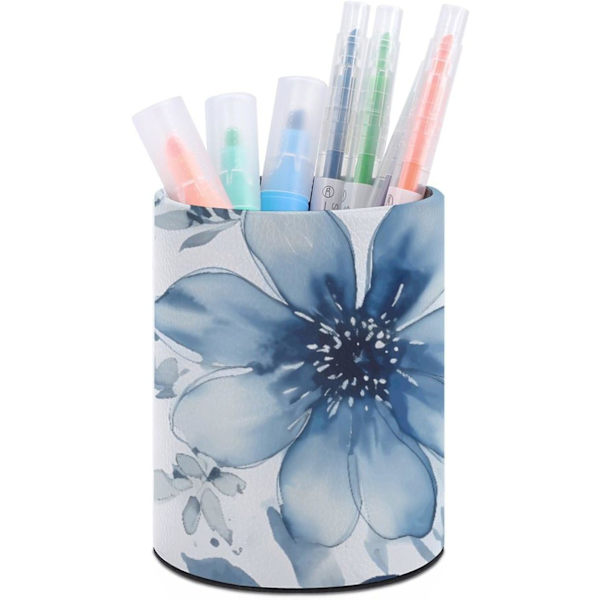Rund hållare för skrivbordsorganisatör Läder Makeup borsthållare Funktionell pennkoppshållare Blå Handritade blommor i organisatör Multifunktionell stil