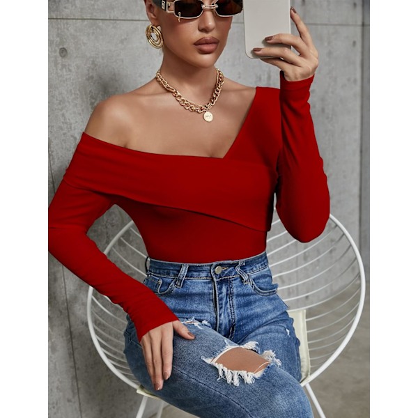 Kvinde Sexet Off The Shoulder Toppe Langærmet Kryds Wrap Ribstrikkede T-shirt