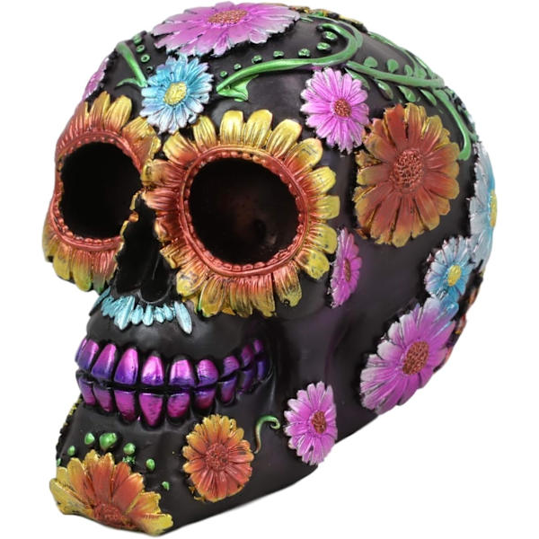 Ebros Black Day of The Dead Floral Blooms Sugar Skull Figurine DOD Skulls Statue 6\" Lang Som Ossuary Macabre Decor Samleobjekt (Spring Spring