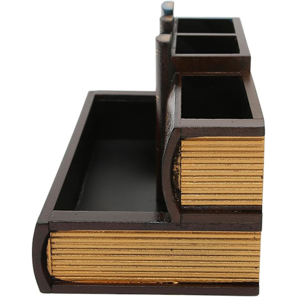 Retro n-hållare, Vintge Fke Book Shd Trä ncil Holder Skrivbordsorganisatör med låda Trä ncil Cup för hemmakontor Studie Librry