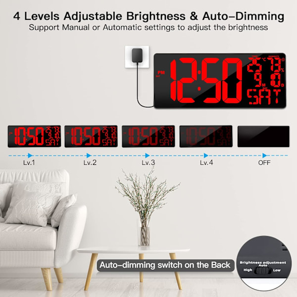 [Oversized] 18\" Stor Digital Væg Ur med Fjernbetjening, Automatisk Dæmpning Digital Ur Stort Display med Dato/Temp/Uge, DST, Alarm, 5.9”Jumbo
