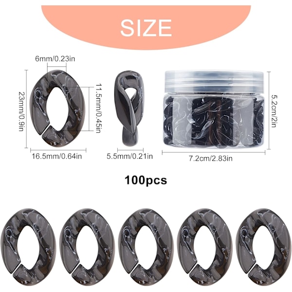 1 æske med 100 stk. Akryl kædelænker Sorte C-clips Kroge Twist Chain
