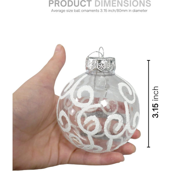 12-pack vita julgranskulor i plast med vita virvlar, 3,15 tum/80 mm, transparenta
