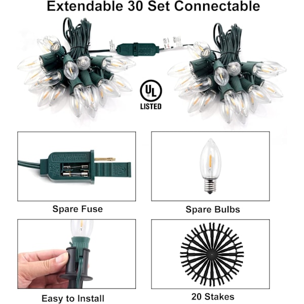 Julbelysning LED för utomhusbruk, 20 lampor C9 gångbelysning med markspett, 7,38 m genomskinlig uppfart julbelysning för gångväg, varmvit,