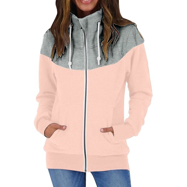 Zip-tröjor för kvinnor - Dam Casual Solid Contrast Långärmad Dragkedja Rockficka Fleece Hoodie Dam Zip Up Pink Medium