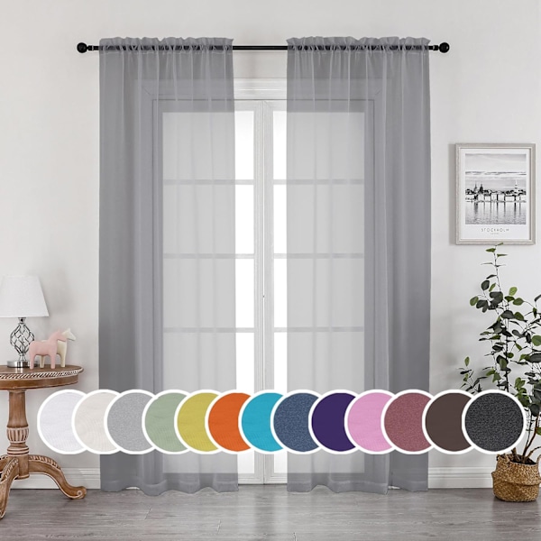 Gennemsigtige Grå Gardiner 213 cm Længde - Sæt med 2 (Hver Panel 134 cm Bredde) - Gennemsigtige Gardiner med Stanglommer til Stue og Soveværelse