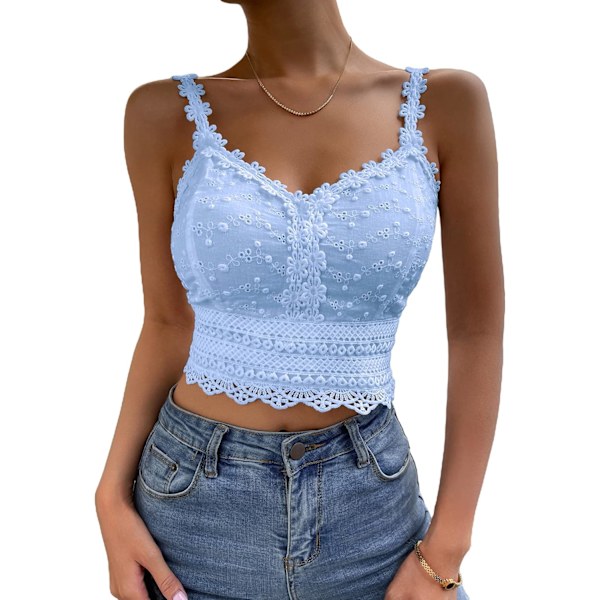 Kvinners ermeløs blonder V-hals øyelet brodert spaghetti stropp crop cami topp
