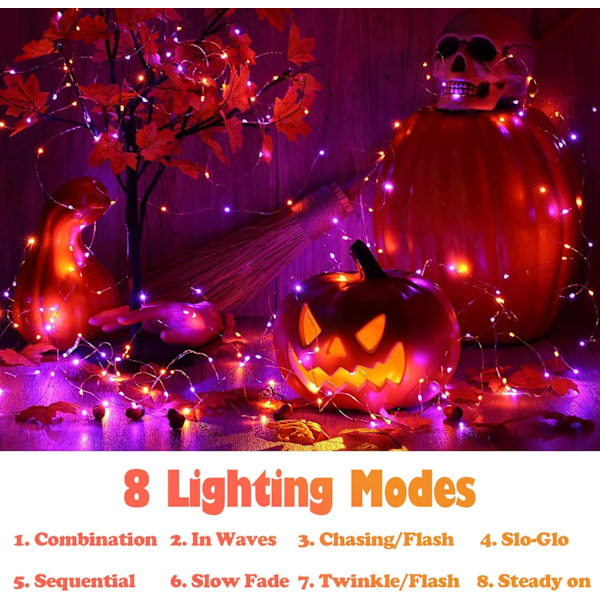 Halloween solcellsfe ljusslingor utomhus vattentät koppartråd orange lila ljusslingor 2-pack 33FT 100LED för juldekoration påsk