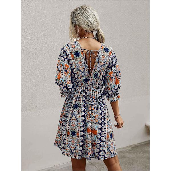 Romwe Boho Tribal Print Kortærmet V-hals Bindebånd Sommerkjole til Kvinder