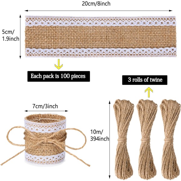 100 stk blonder og lerretsringer til fest, lerrets serviettringer, DIY bryllupsdekorasjon for