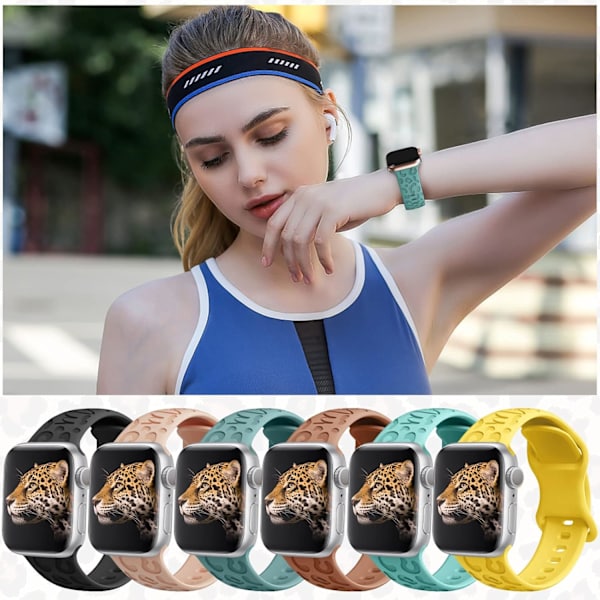 6-pak leopardgraveret rem, der er kompatibel med Apple Watch