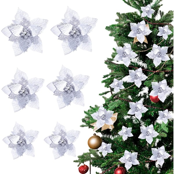 24 stj Poinsettia-blommor Glitter Konstgjorda julblommor
