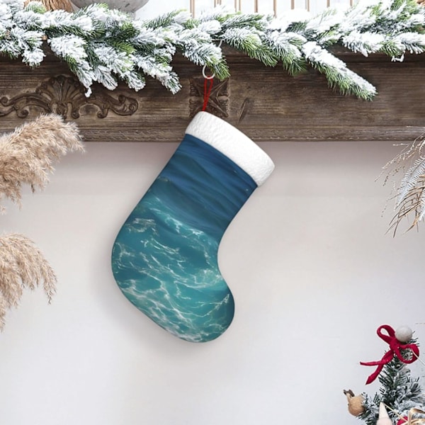 Tryckta Julstrumpor I Djupblått, Julstrumpor Med Vit Mjuk Plyschkant, Söt Juldekoration