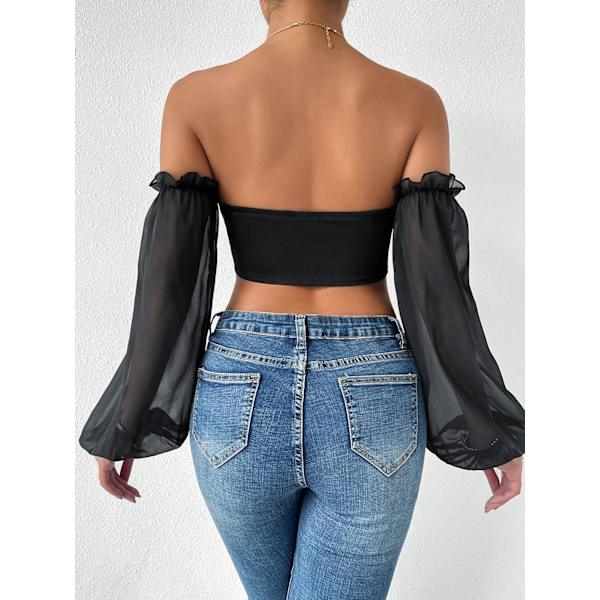 Kvinnors långärmad Crop Top Tee Square Neck Basic T-shirt