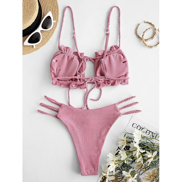 Kvinners Utskårne 2-delers badedrakt, Sexy High Cut Keyhole Bikini Tie Side String