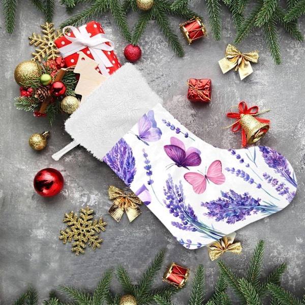 Julklapp, personliga julklappsstrumpor 2-pack lila lavendel fjäril 45,7 cm julstrumpor hängande prydnad spis för träd