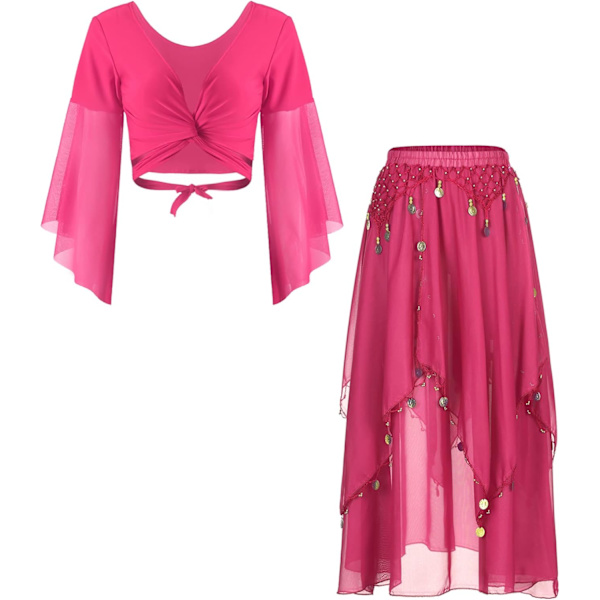 Kvinders mavedans kjole sæt mave tyl flæseærmet crop top med chiffon dans nederdel varm pink one size varm pink one size