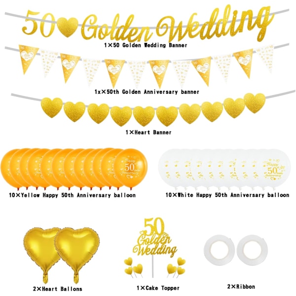 Gylne bryllupsdekorasjoner - 50-års bryllupsdag ballonger og kakepynt