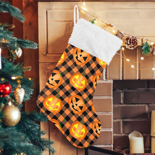 Jule-Strømpe, Personlige Jule-Strømper 2-pak Halloween Græskar Orange Buffalo Plaid 45,7 cm Jule-Strømper Hængende Ornament Pejs