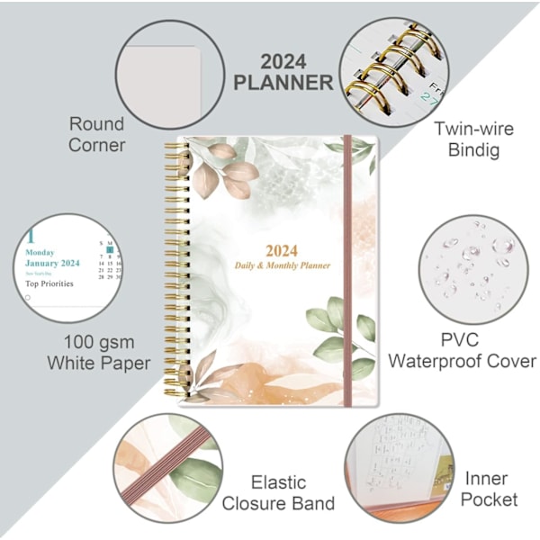 2023-2024 Daglig og månedlig planlegger - Fleksibelt deksel, faner, dobbel spiralbinding