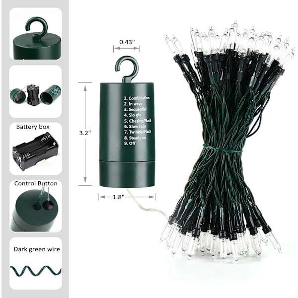 Batteridrevne julelys, 33ft 100LED batteridrevne minilys 8 lysmoduser timer vanntett for hjem, hage, fest, ferie,