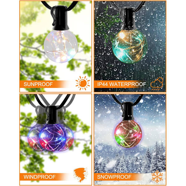 RBG Patio String Light 38FT 5V丨 8 Färglägen丨G40 30 Glas LED-lampor (3 reserv) 丨E12 0,5W 丨 IP44 Vattentät Sladdad Elektrisk Hängande Bistro-ljus