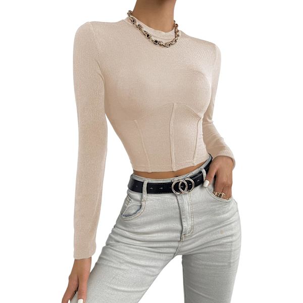 Kvinnors Mock Neck Långärmad Ribbstickad Slim Fitted Crop