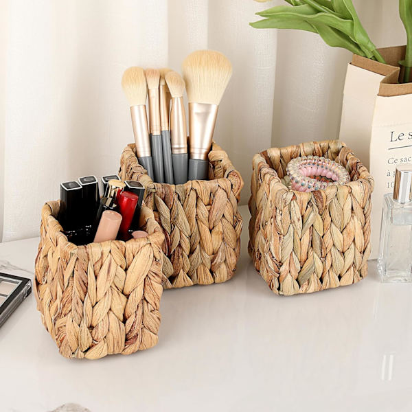 3-pack vattenhyacint pennhållare, korg pennkopp sminkborst hållare, pennkopp arrangör chic vävda skrivbordstillbehör pennbehållare