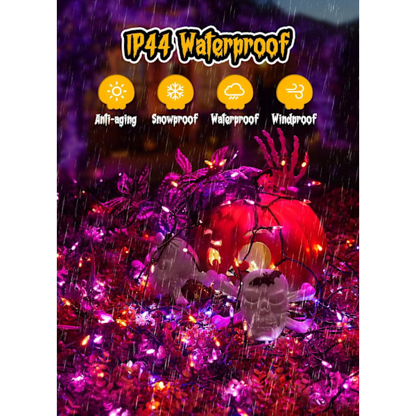 Oransje lilla utendørs Halloween-lys, 39 fot 100 LED julelys med 8 lysmoduser, vanntett minilyslenke plugg inn for hage