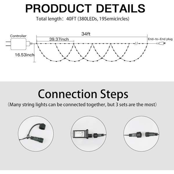 Julelys utendørs, 34FT 380 LED julelyskjede utvidbar vanntett 11 lysmoduser fargeskiftende med fjernkontroll halvrund 10M