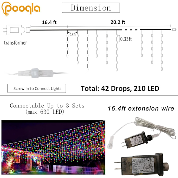 Färgförändrande istappsljus med 44-tangenters fjärrkontroll, jul-LED-istappsljus utomhus, 210 LED 20FT RGB vattentäta hängande ljusslingor för tak