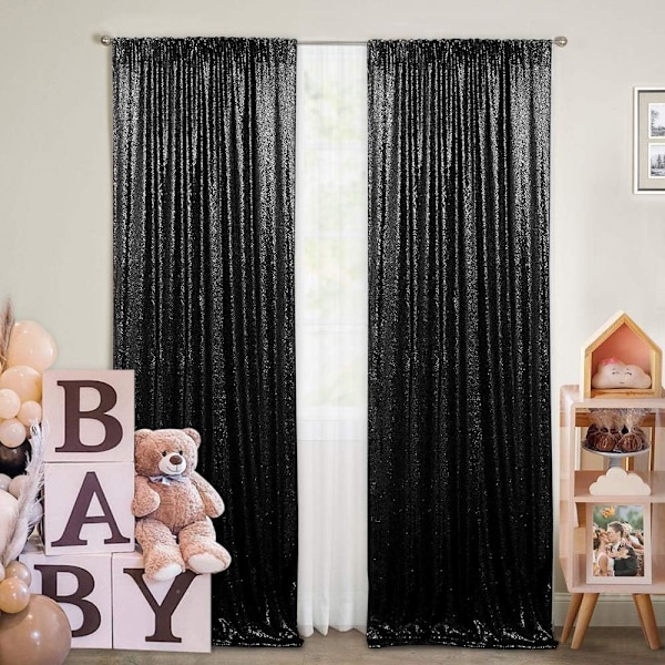 Svart Sequin Bakgrunn 2 Paneler 2FTx8FT Halloween Bakgrunn Gardiner Fest