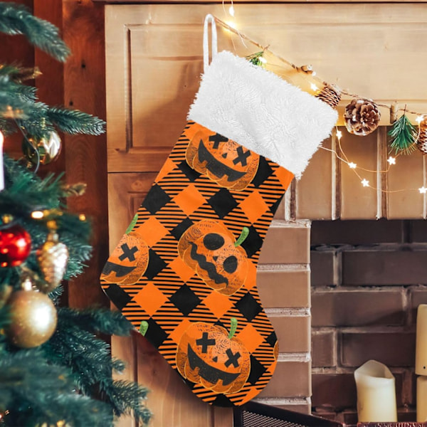 Julklapp, personliga julklappsstrumpor 2-pack Halloween Orange Pumpa Buffelrutig 45,7 cm Julstrumpor Hängande Ornament Eldstad