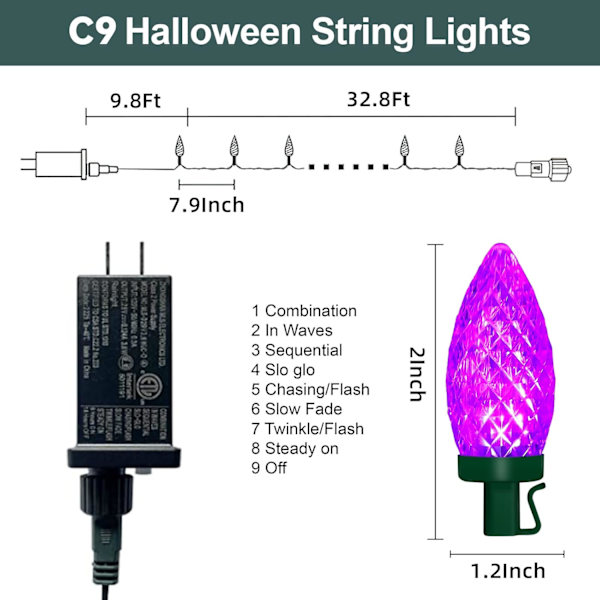 Halloween-lys, 32,8 fod 50 LED C9 Halloween-farveskiftende lys med timingfunktion Vandtæt og tilslutteligt stik til hjem, fest, have