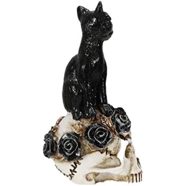 Ebros Cat Witching Hour Heksekunst Sort Kat Mystisk Kat Siddende På Kranie Med Giftroser Mini Figur 3D Katte Kranier Dekorative Wicca Ossuarium