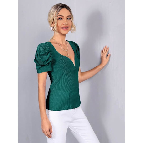 Kvinde Sød Hals Puff Korte Ærme Bluse Rib Strik Elegant Toppe Skjorte