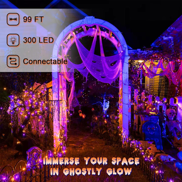 300 LED 100 FT Halloween-lyslenke for utendørs, LED-lyslenke med 8 lysmoduser og timer, innendørs utendørs for terrasse gårdsplass gjerde dekk