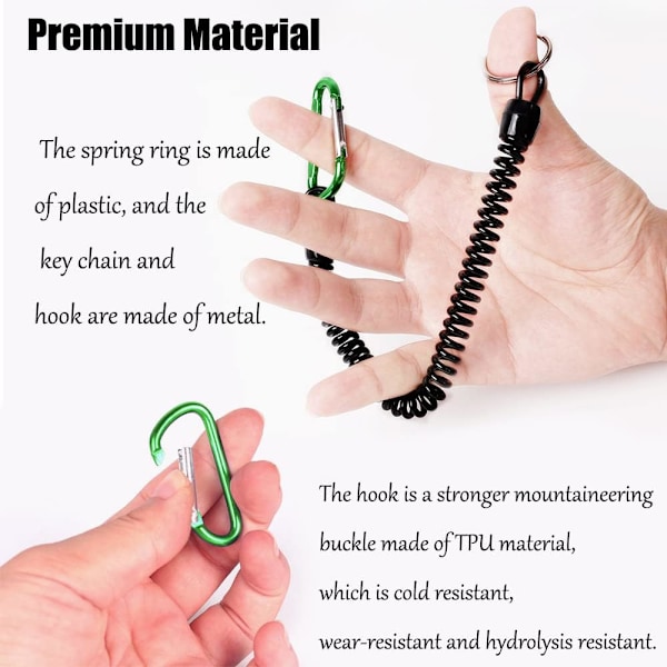 6 stk. Elastisk spiral nøkkelring med karabinkrok