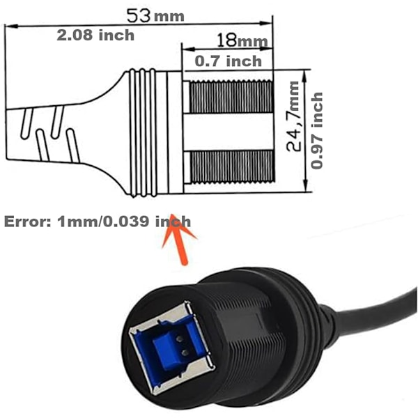 0,3 meter USB type B 3,0 monteringskabel. 90 graders rät vinkel