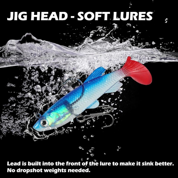 Myke fiske lokker - Forhåndsriggede jigghode padlehalefiske for bass, ørret og mer