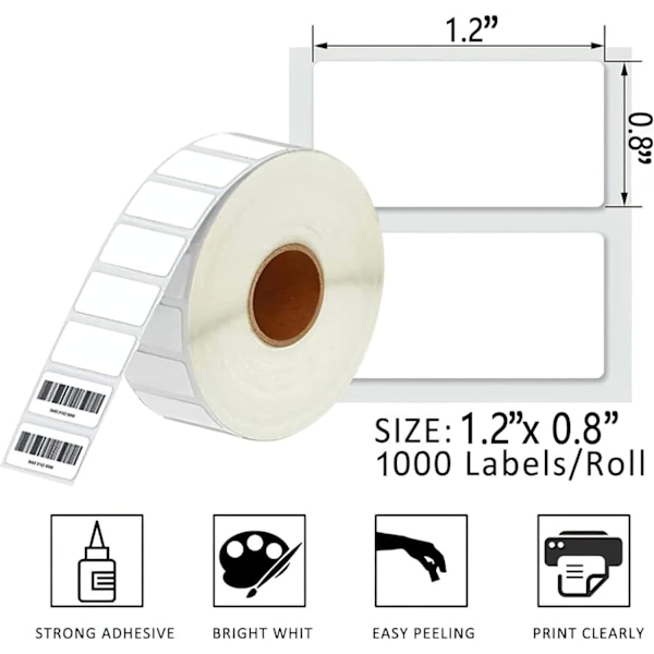 1,2 x 0,8 Termiska etiketter för streckkod - Kompatibel med Zebra & Rollo etikettskrivare