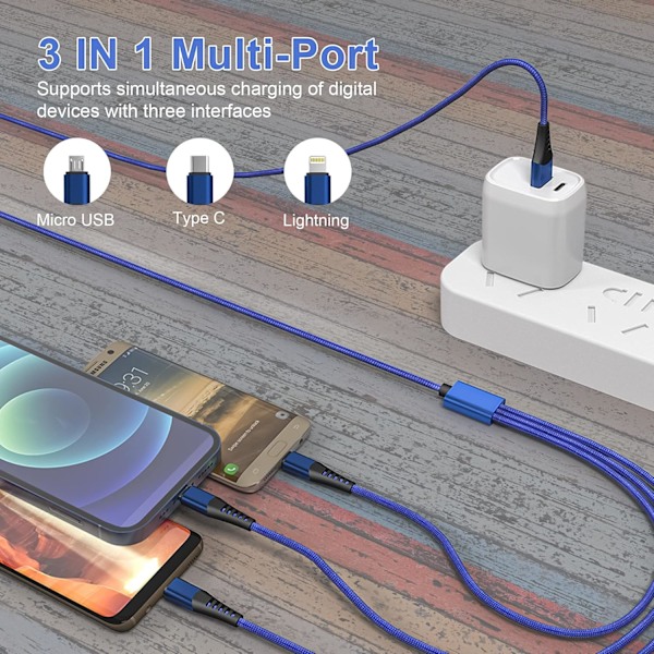 Multi 3 i 1 USB lang opladerkabel, 3M\\/10Ft 6A Pd Fast