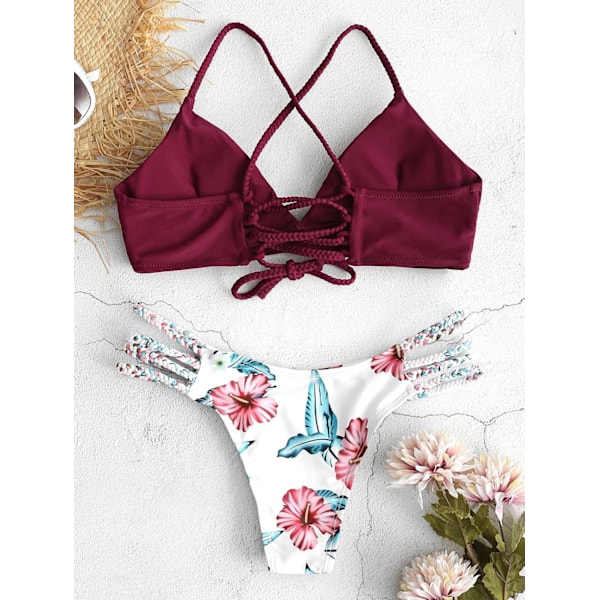 Kvinners Blomstermønster Bikini Badedrakt Høy Kutt Kryssrygg Blonder Bikinisett