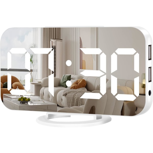 Digital väckarklocka, stor LED-display och spegelbordsur med dubbla USB-laddningsportar, 3 nivåer ljusstyrka, 12/24H, modern elektronisk klocka för