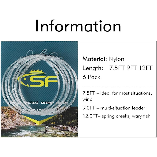 Flugfiske Tapered Leader Line Förbunden nylon (6 förpackningar)