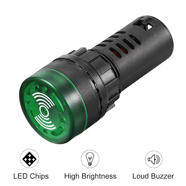 5 stk. grønne indikatorlamper med summer AC/Dc 12V. 22 mm
