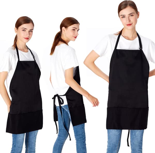 3-ficks Justerbart Haklappsförkläde Kock Köksförkläde för Kvinnor Män, Svart 2-pack