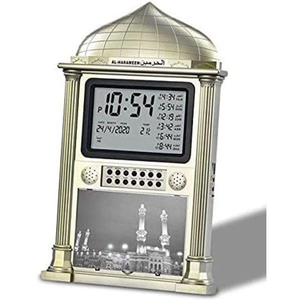 Böne Azan väckarklocka med komplett Azan för USA muslimsk islamisk böne klocka vägg/skrivbordsklocka Namaaz påminnelse digital bakgrundsbelysning guld