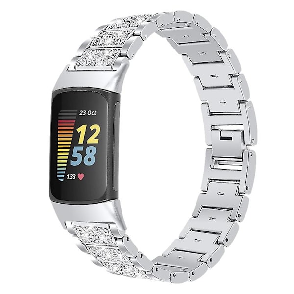 For Fitbit Charge 5 Diamant Rustfrit Stål Rem Silver